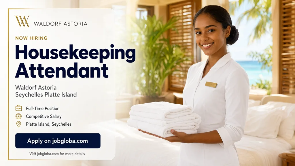 Housekeeping attendant preparing guest villa at luxury resort in Seychelles
